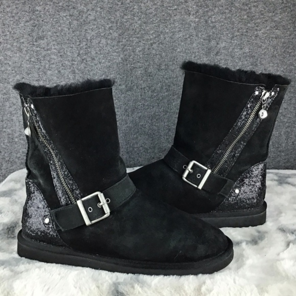 Rare UGG Glitter Moto Black Boots with Buckle and Zipper‎ Size 8